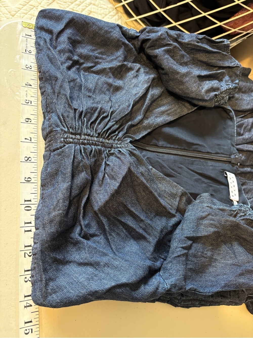 Tanya Taylor Pansy Mini Dress Size 2 Ruched Denim Americana Ruffle Tier Flounce - Picture 13 of 15